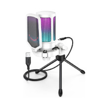 FIFINE AmpliGame USB Microphone, PC Gaming Recording Desktop Laptop Mic, RGB Streaming Podcasting Condenser Mic for Online Game, Vocal, with Mute Button, Gain Knob, Tripod Stand-A6V White